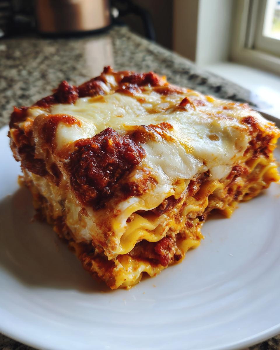 A generous, layered slice of crockpot ravioli lasagna topped with rich sauce and melted mozzarella cheese.
