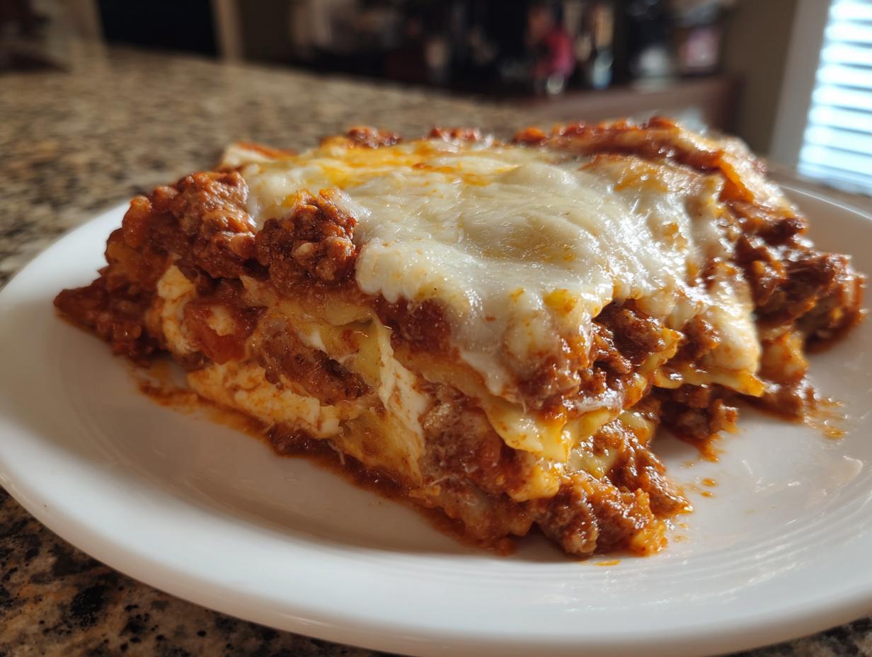 A generous slice of crockpot ravioli lasagna layered with meat sauce and creamy ricotta, topped with melted mozzarella cheese.