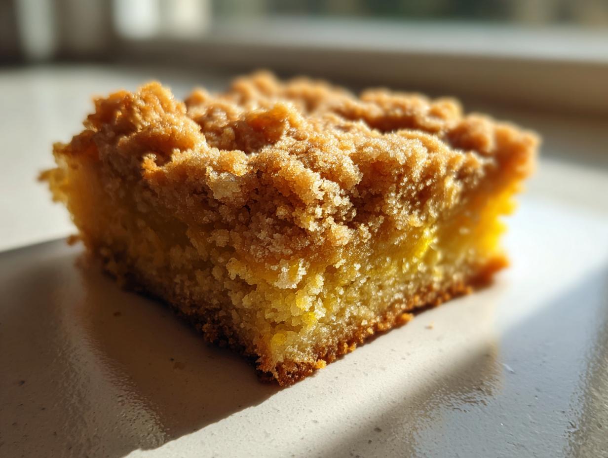 Close-up of a single square of yellow cake with a thick, golden brown, sugary crumb topping, perfect for a Cake Picnic.