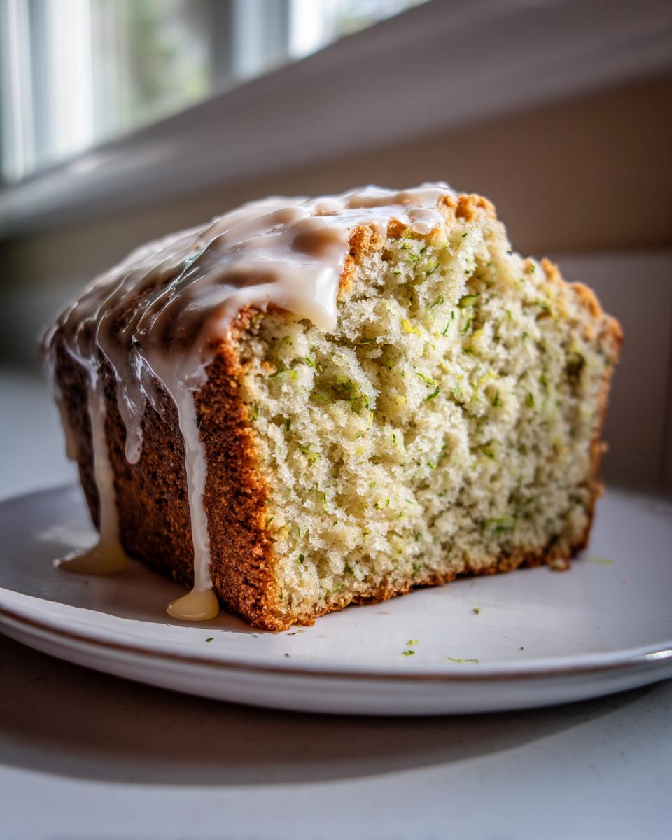 Close-up of a slice of Dandelion Bread With Honey Lemon Glaze, showing the moist crumb and dripping glaze.