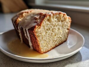 A close-up of a slice of Dandelion Bread With Honey Lemon Glaze on a white plate, showing the moist crumb and dripping glaze.