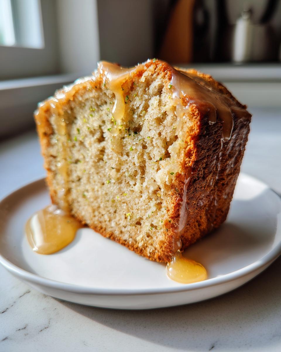 A close-up of a slice of Dandelion Bread With Honey Lemon Glaze, drizzled with thick, golden glaze.
