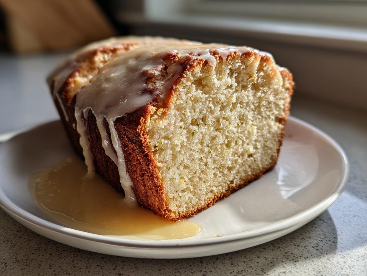 A close-up of a slice of Dandelion Bread With Honey Lemon Glaze on a white plate, showing the moist crumb and dripping glaze.