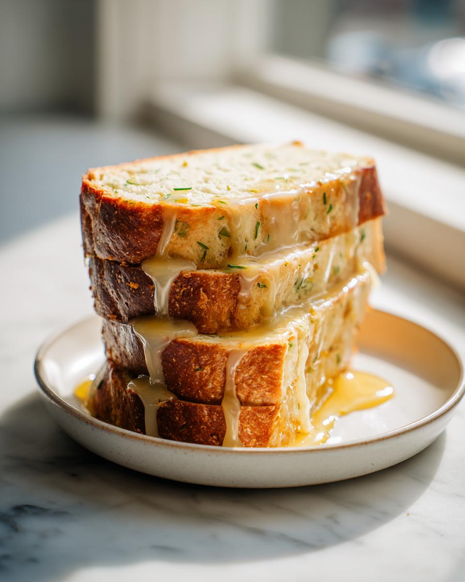 Three stacked slices of Dandelion Bread With Honey Lemon Glaze dripping with sweet glaze.