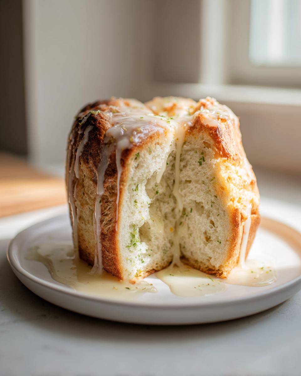A piece of Dandelion Bread With Honey Lemon Glaze, split in half, showing the soft interior and dripping glaze.