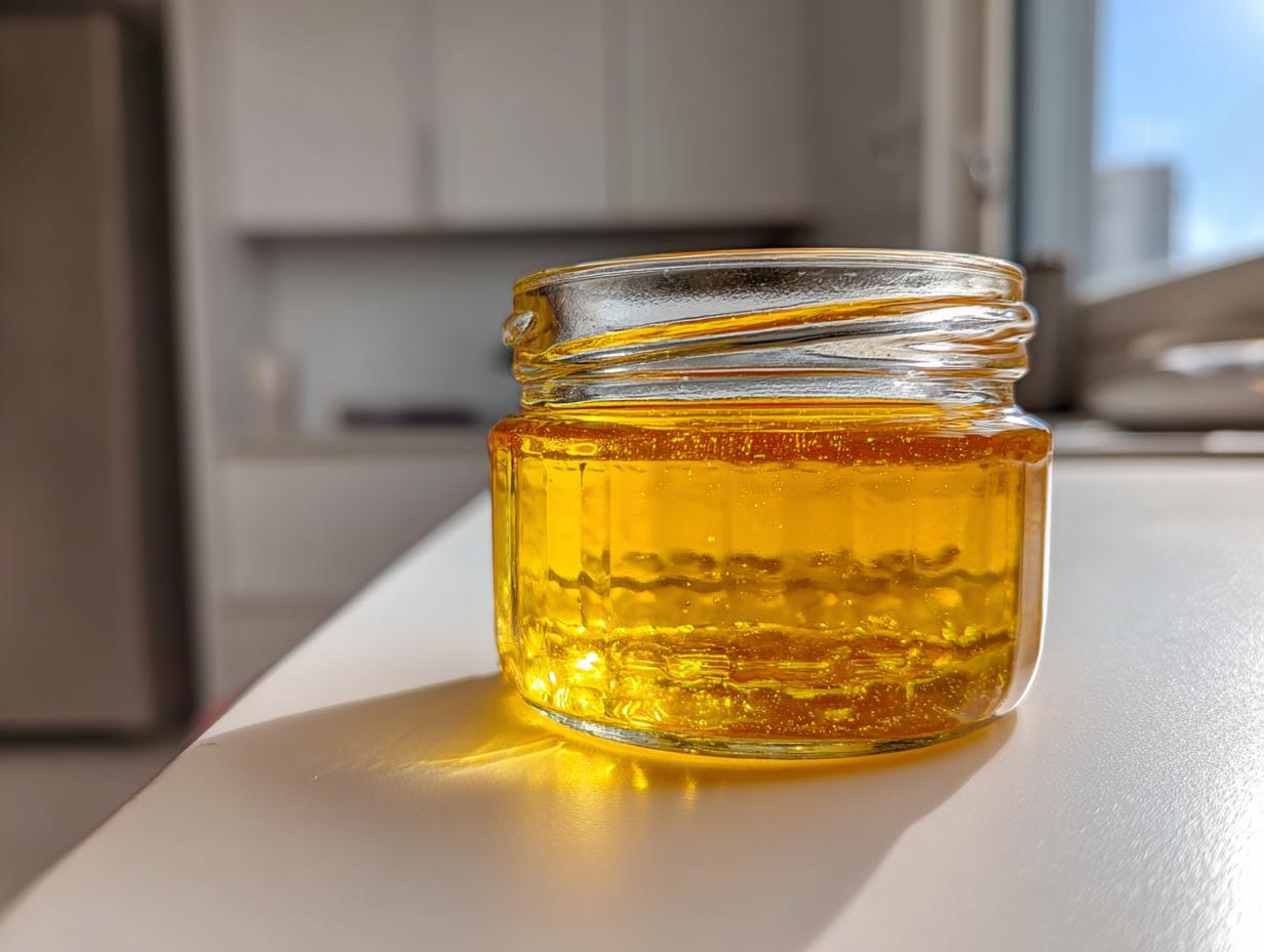 A small glass jar filled with golden Dandelion Honey, sitting on a bright white counter in sunlight.