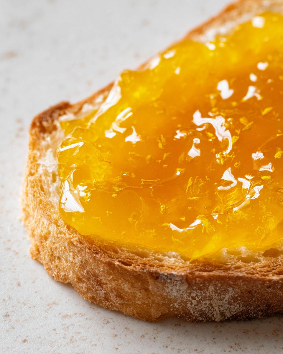 Close-up of bright yellow Dandelion Jelly generously spread on a slice of toasted bread.