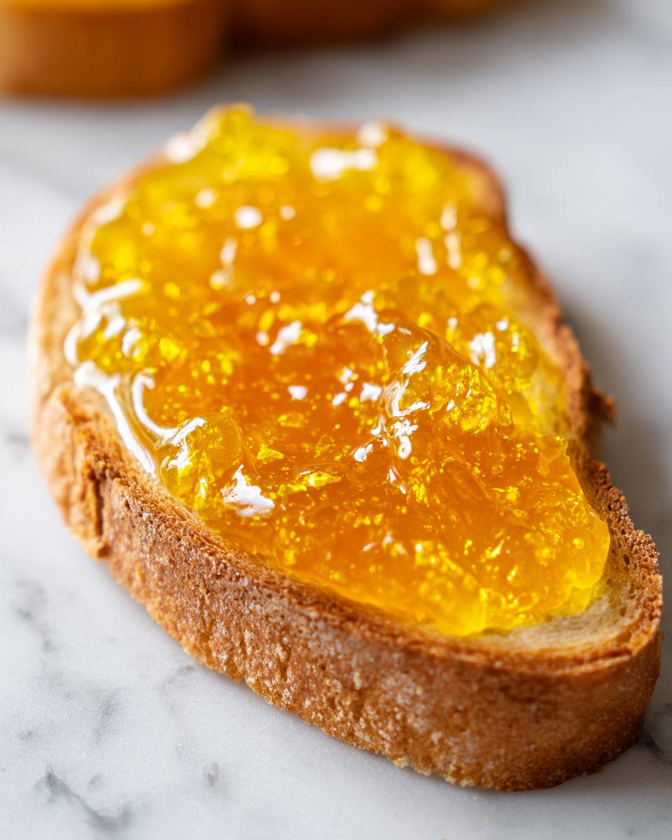 Close-up of a slice of toasted bread generously topped with bright, glistening Dandelion Jelly for Spring Toasts.