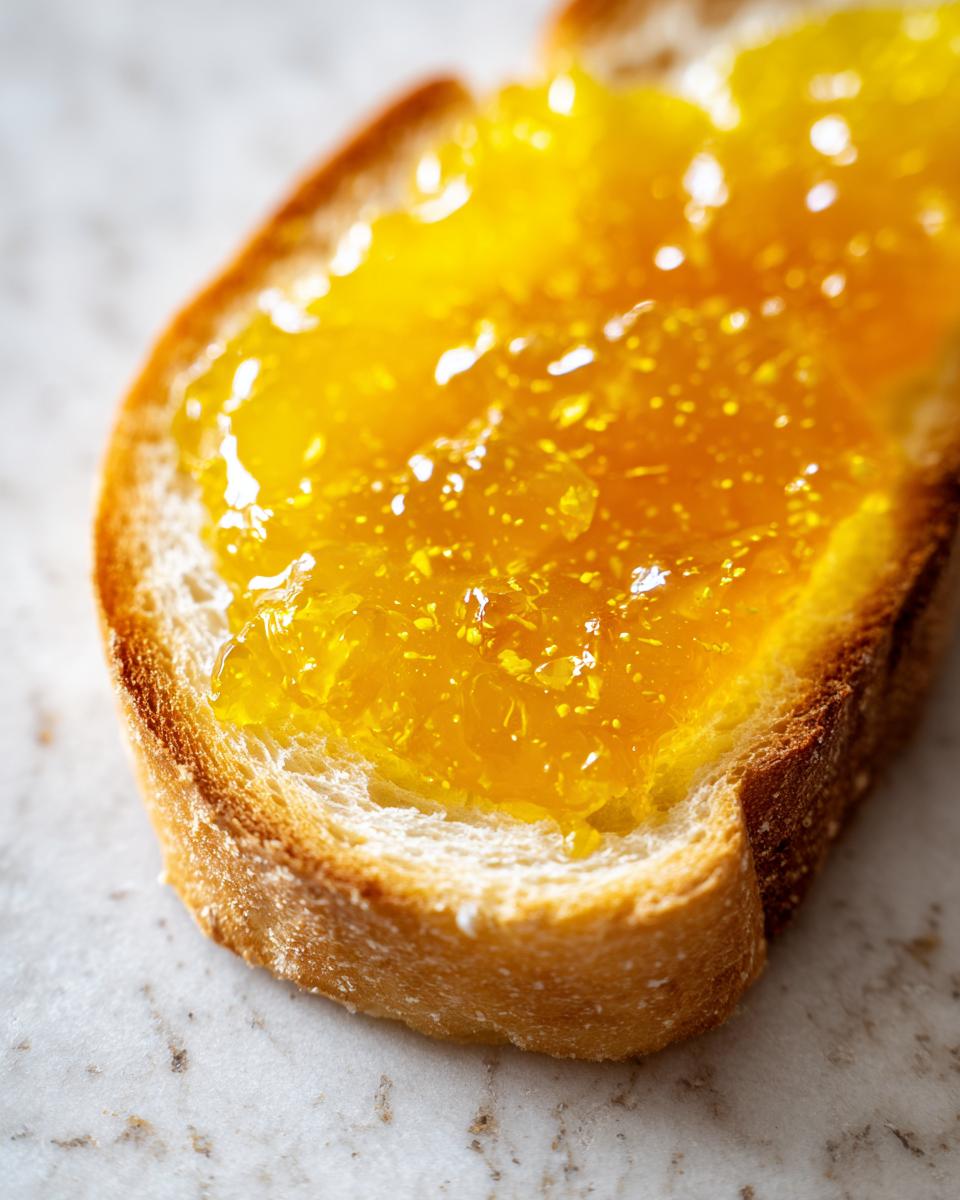 Close-up of bright yellow Dandelion Jelly spread thickly on a slice of toasted bread, ready for spring toasts.