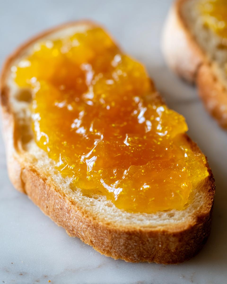 Close-up of a slice of white bread generously topped with bright orange Dandelion Jelly for Spring Toasts.