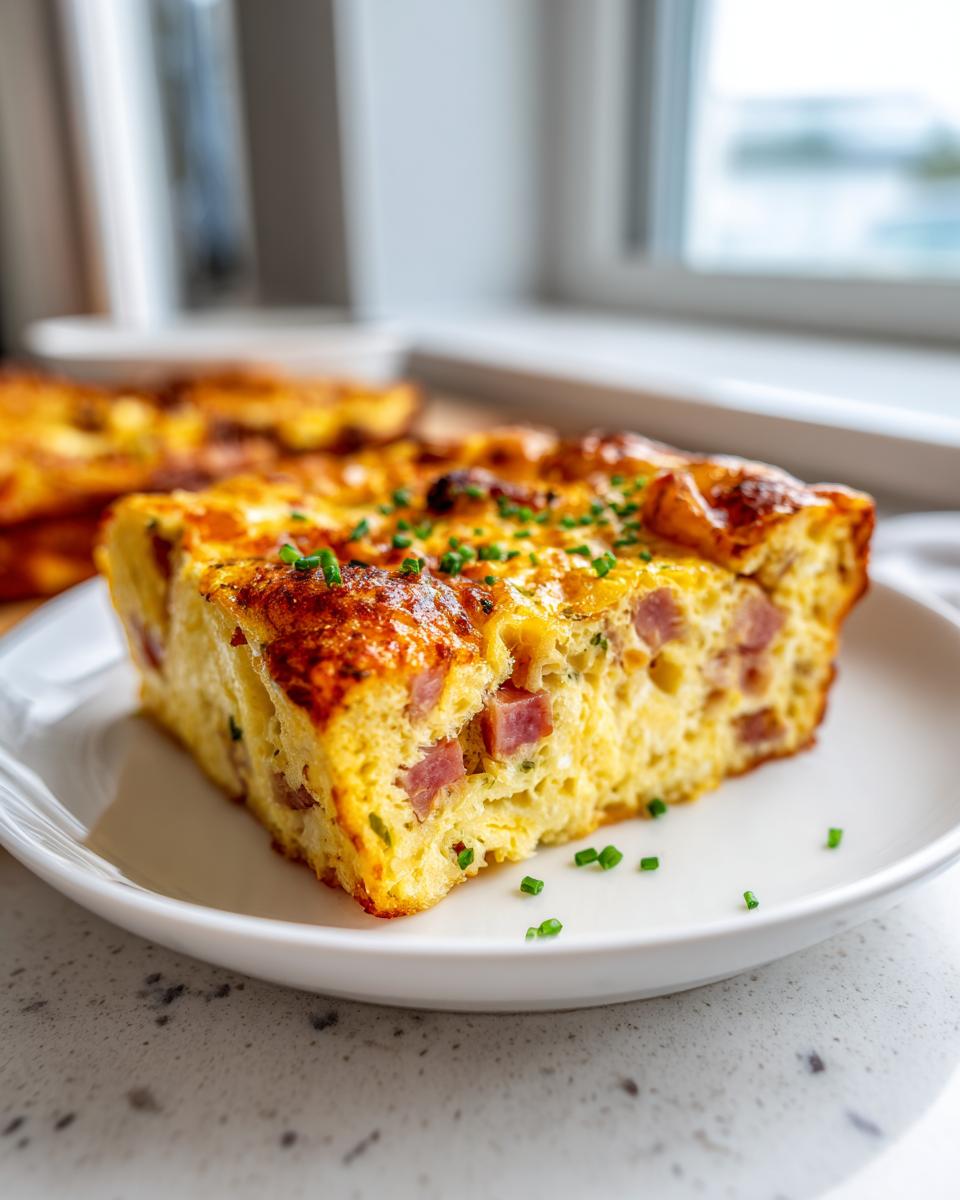 A thick, golden slice of Denver omelet bake served on a white plate, topped with fresh chives.