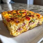 A thick, golden slice of Denver omelet bake showing chunks of ham, peppers, and eggs on a white plate.