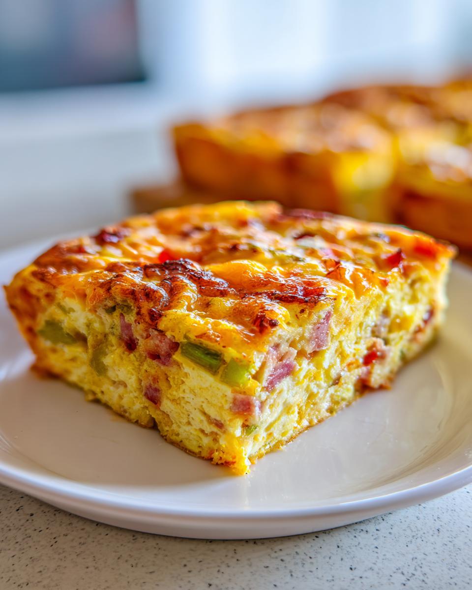 A close-up slice of the Denver omelet bake showing eggs, ham, green peppers, and melted cheese topping.