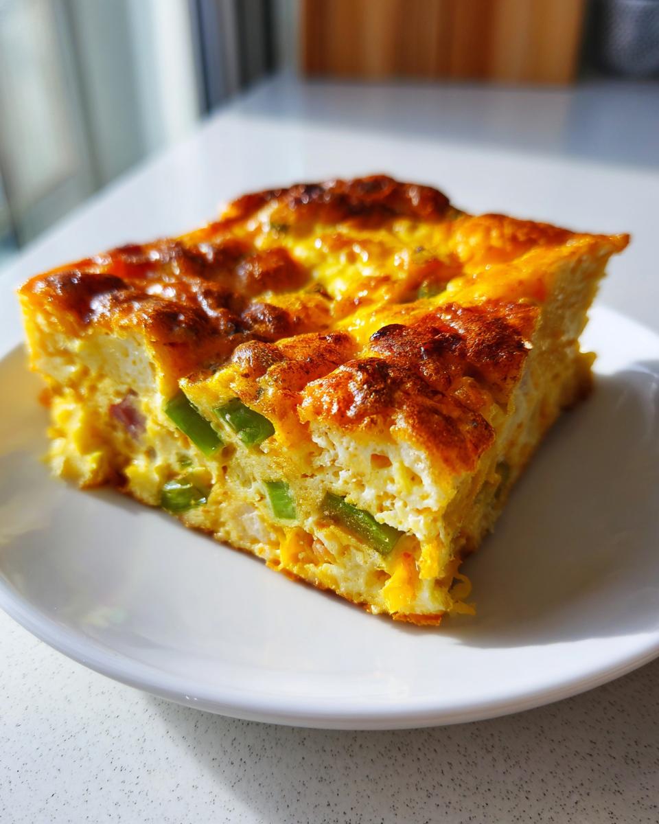 A close-up of a golden-brown slice of Denver omelet bake featuring visible green peppers and cheese on a white plate.
