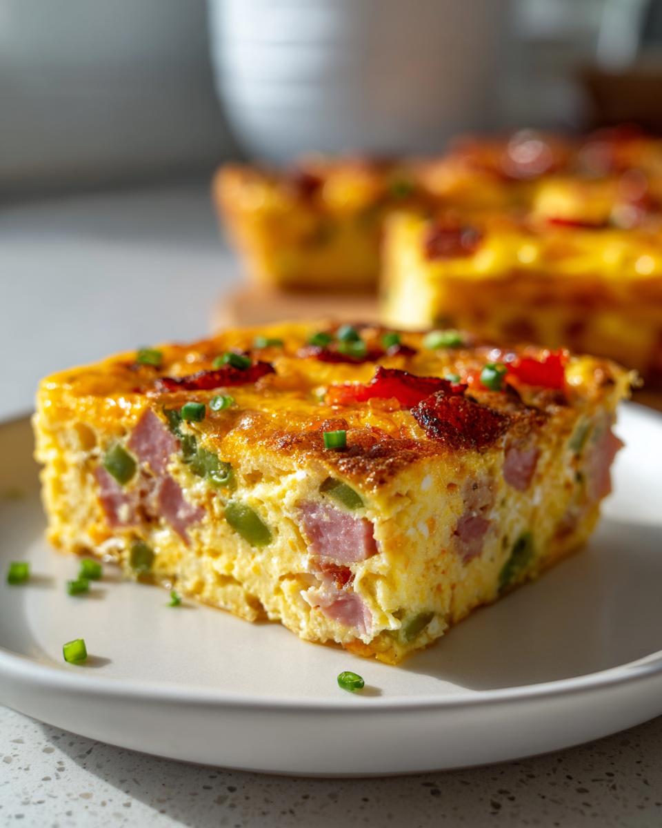 A square slice of Denver omelet bake featuring visible chunks of ham, green peppers, and topped with crispy bacon and chives.