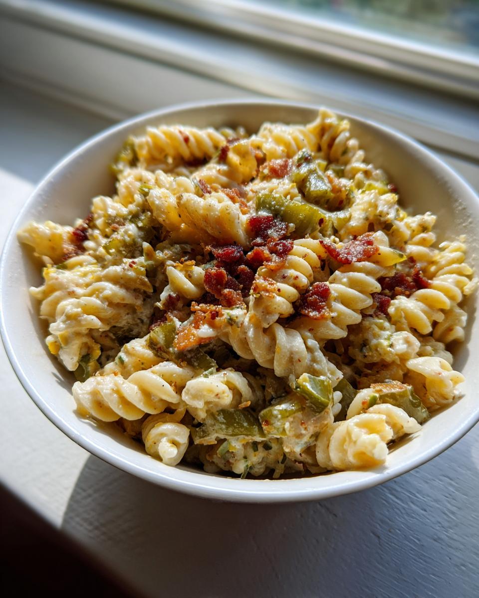 A white bowl filled with creamy dill pickle bacon pasta salad featuring rotini pasta, green pickle pieces, and crumbled bacon.