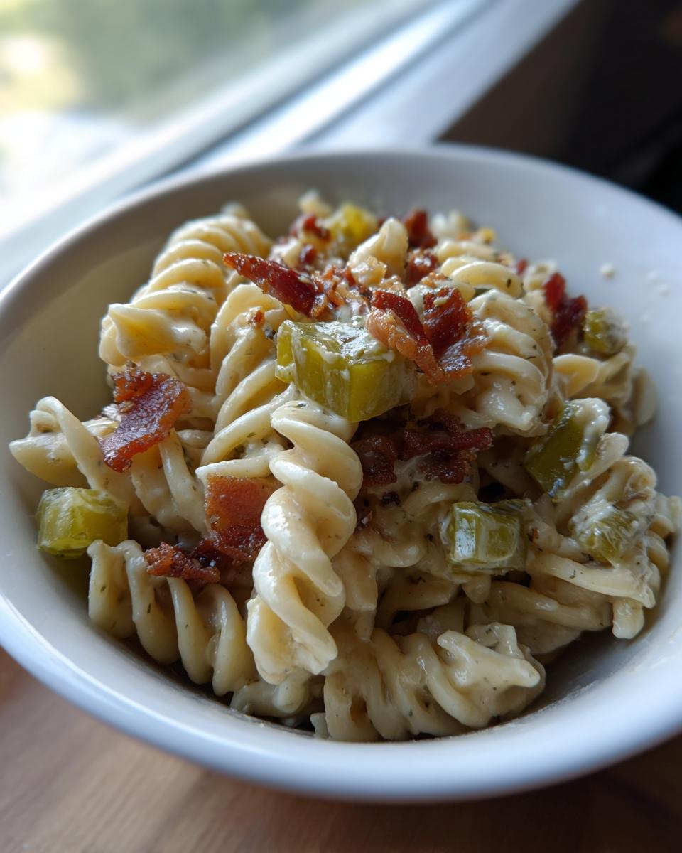 A close-up view of creamy dill pickle bacon pasta salad made with rotini pasta, topped with crispy bacon pieces and chunks of dill pickle.