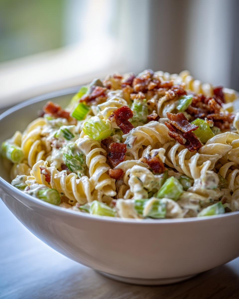Close-up of creamy dill pickle bacon pasta salad made with rotini pasta, celery, and topped with crispy bacon bits.