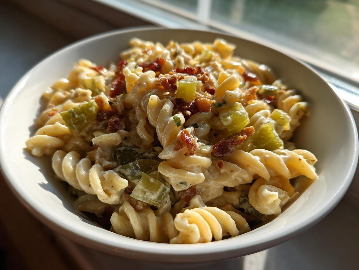 Close-up of a white bowl filled with creamy dill pickle bacon pasta salad featuring rotini pasta, green pickle chunks, and bacon bits.