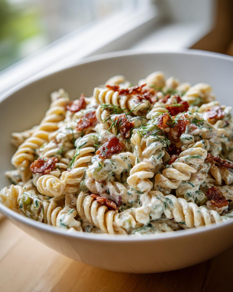 Close-up of creamy dill pickle bacon pasta salad made with rotini pasta, topped with crispy bacon bits and fresh dill.