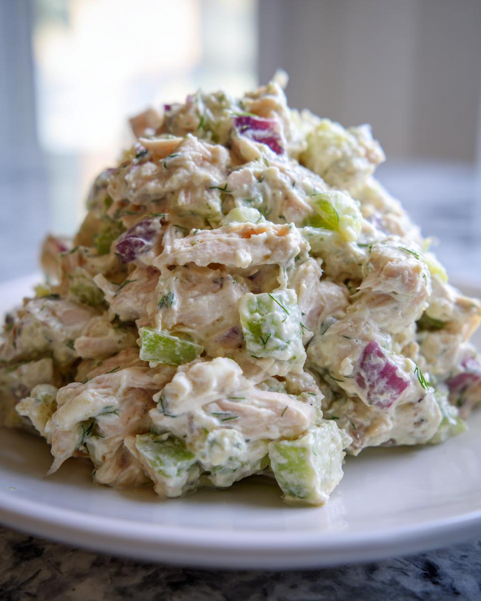 A mound of creamy dill pickle chicken salad featuring shredded chicken, celery, red onion, and fresh dill on a white plate.