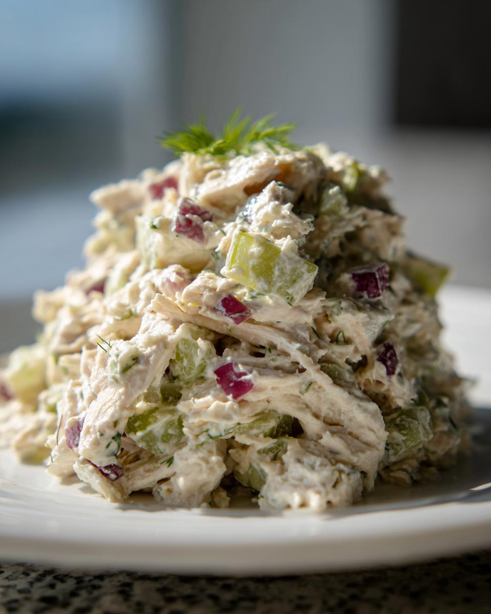A close-up of a generous mound of creamy dill pickle chicken salad, featuring chunks of chicken, celery, and red onion, garnished with fresh dill.