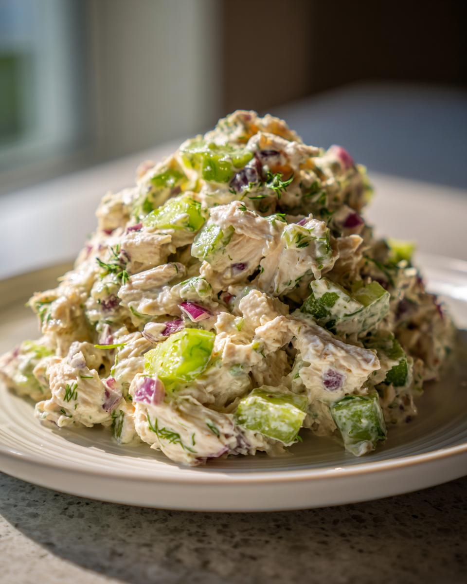 A mound of creamy dill pickle chicken salad featuring chunks of chicken, bright green pickles, and red onion, served on a white plate.