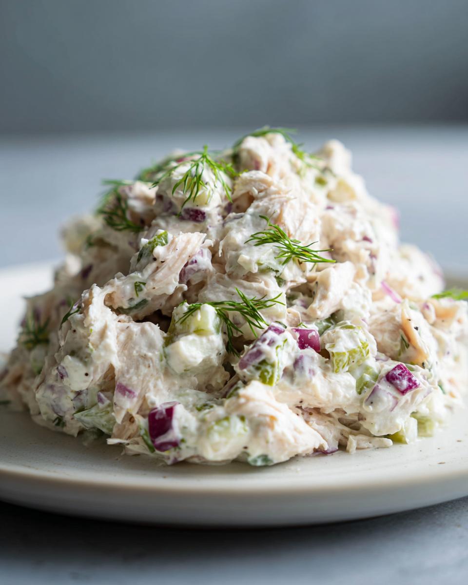 A mound of creamy dill pickle chicken salad mixed with red onion and celery, garnished with fresh dill sprigs.