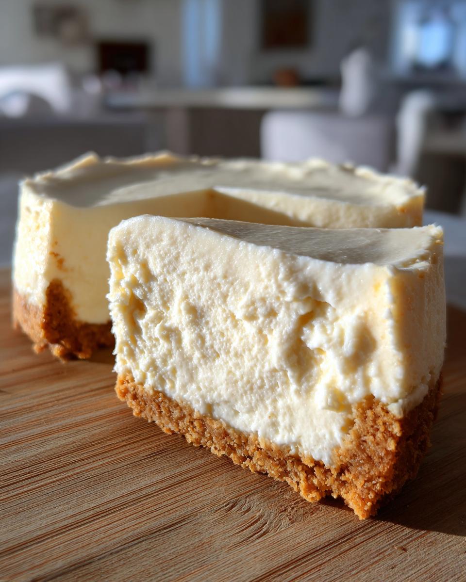 A thick slice of creamy easy no bake cheesecake with a graham cracker crust, ready to eat.