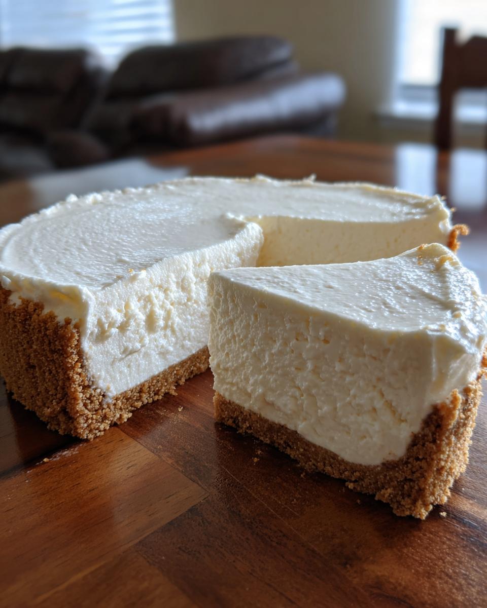 A close-up of an easy no bake cheesecake with one slice cut and pulled away, showing the creamy filling and crumbly crust.
