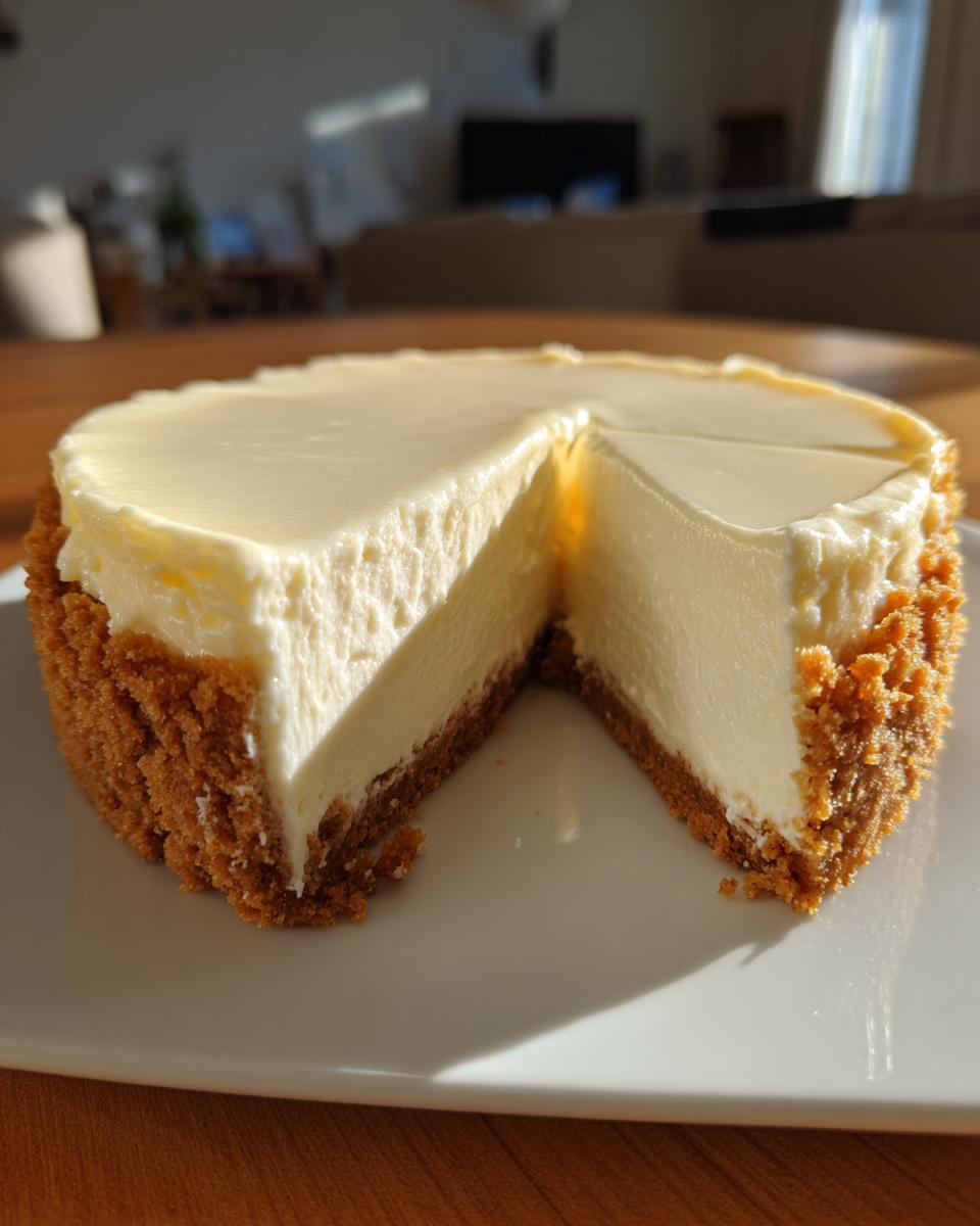 A creamy, perfectly set slice of easy no bake cheesecake with a thick graham cracker crust.