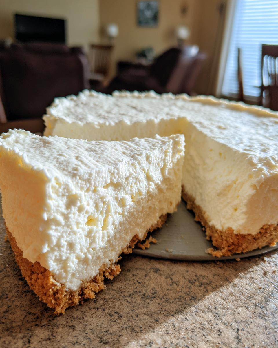 A thick slice of creamy easy no bake cheesecake resting next to the rest of the whole dessert on a speckled countertop.
