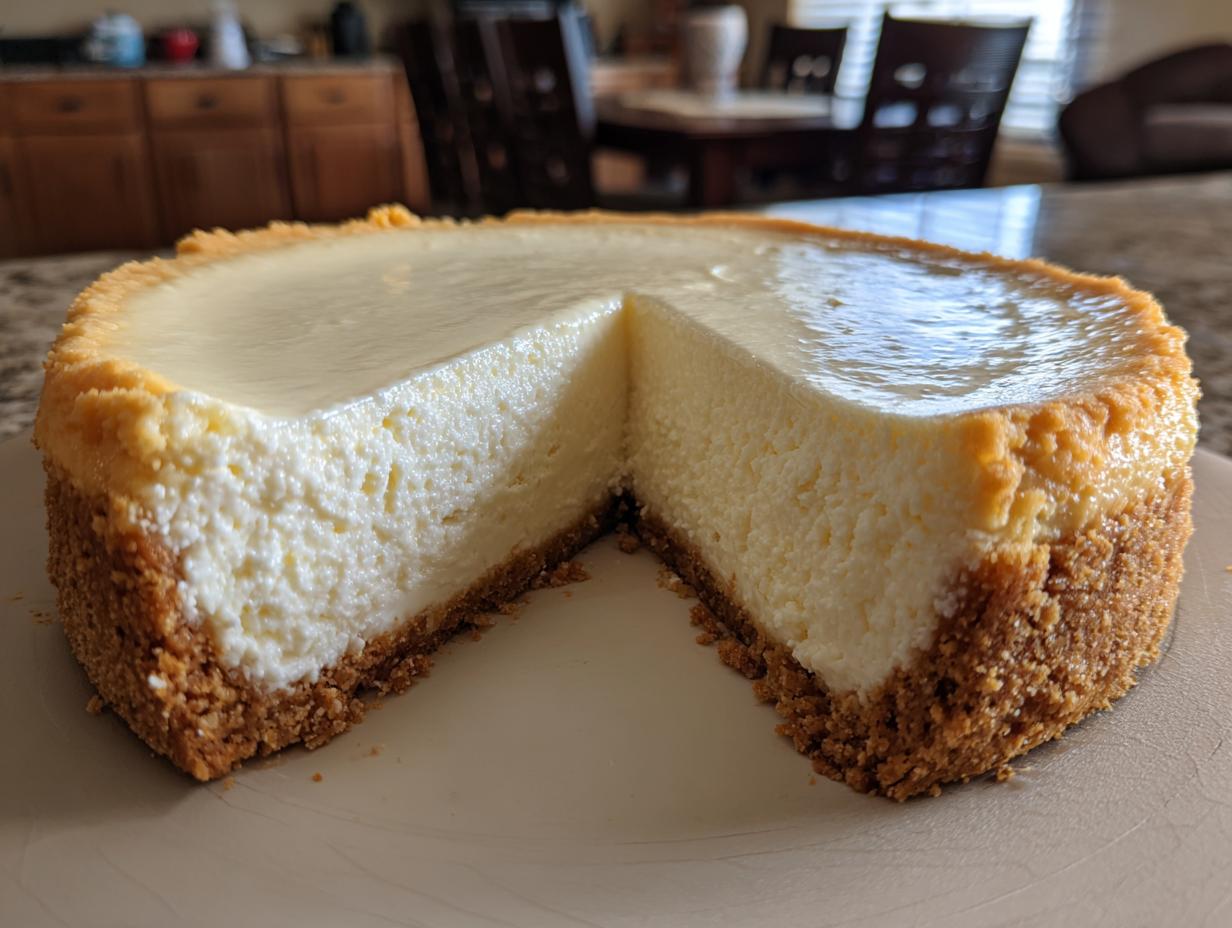 A whole easy no bake cheesecake with one slice removed, showing the creamy filling and graham cracker crust.