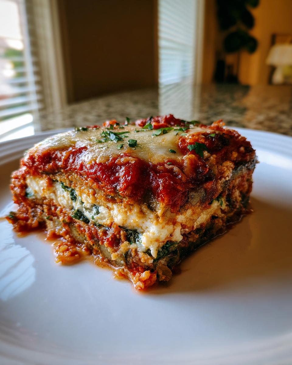 A close-up of a thick, layered slice of Eggplant Parmesan topped with melted mozzarella and fresh parsley.