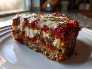 Close-up of a thick slice of baked Eggplant Parmesan with layers of sauce and melted mozzarella cheese.