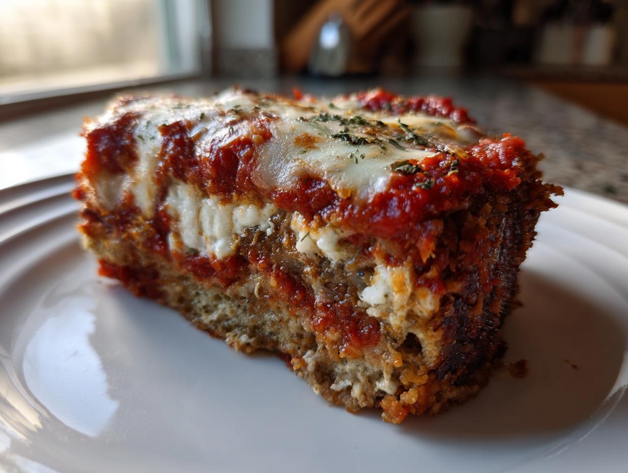 Close-up of a thick slice of baked Eggplant Parmesan with layers of sauce and melted mozzarella cheese.
