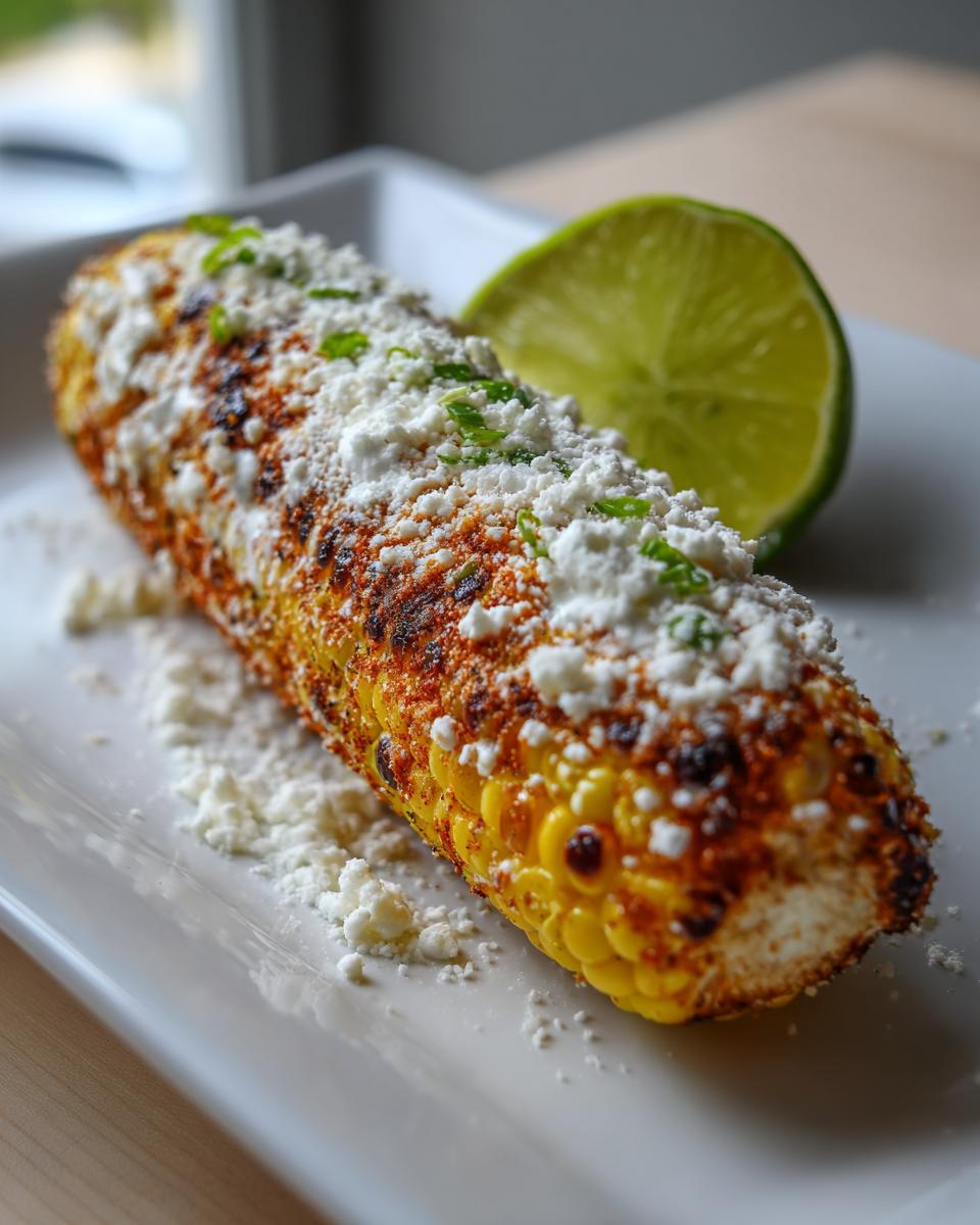 Close-up of grilled corn on the cob heavily coated in white cheese and spices, served as Elote Queso with a lime wedge.
