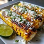 Close-up of grilled corn on the cob topped with crumbled white cheese and cilantro, ready to eat Elote Queso.