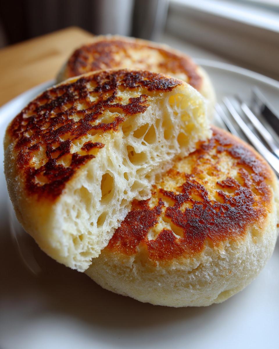 Close-up of a perfectly cooked english muffin recipe, split open showing the signature nooks and crannies.