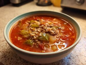 A close-up of a steaming bowl of rich, red Golumpki Soup filled with ground meat, rice, and cabbage.
