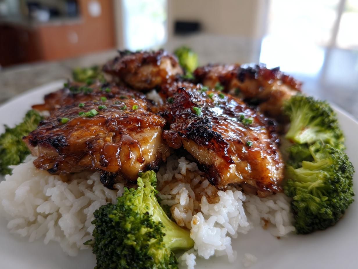Close-up of glazed Miso Chicken and Rice served with bright green steamed broccoli florets.