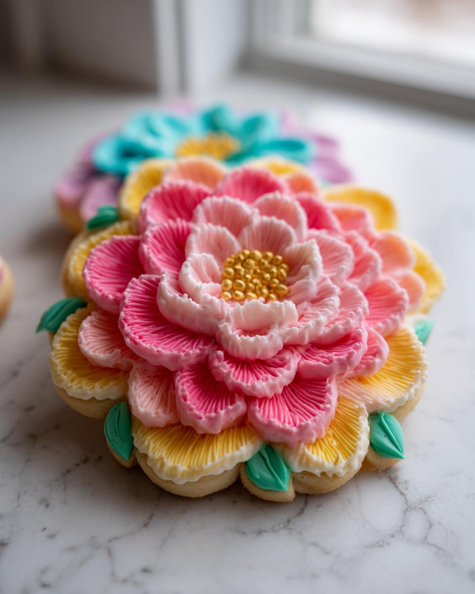 Close-up of a beautifully decorated Flower Sugar Cookie featuring layered pink and yellow 3D icing petals and gold sprinkles.