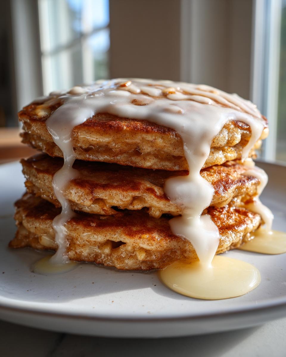 Close-up of a stack of three fluffy apple fritter pancakes drizzled heavily with white vanilla glaze.