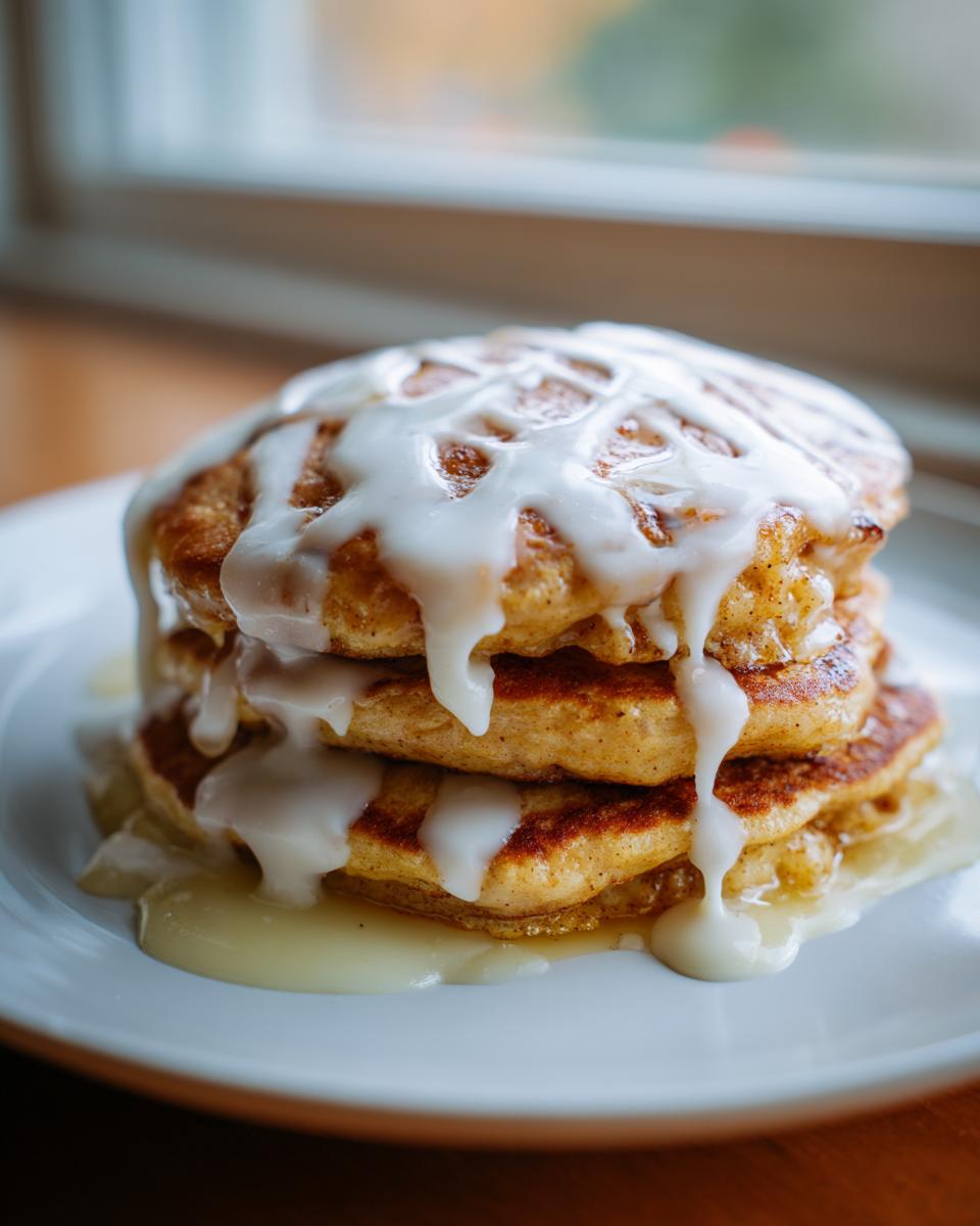 A stack of three fluffy apple fritter pancakes generously drizzled with a thick white glaze.