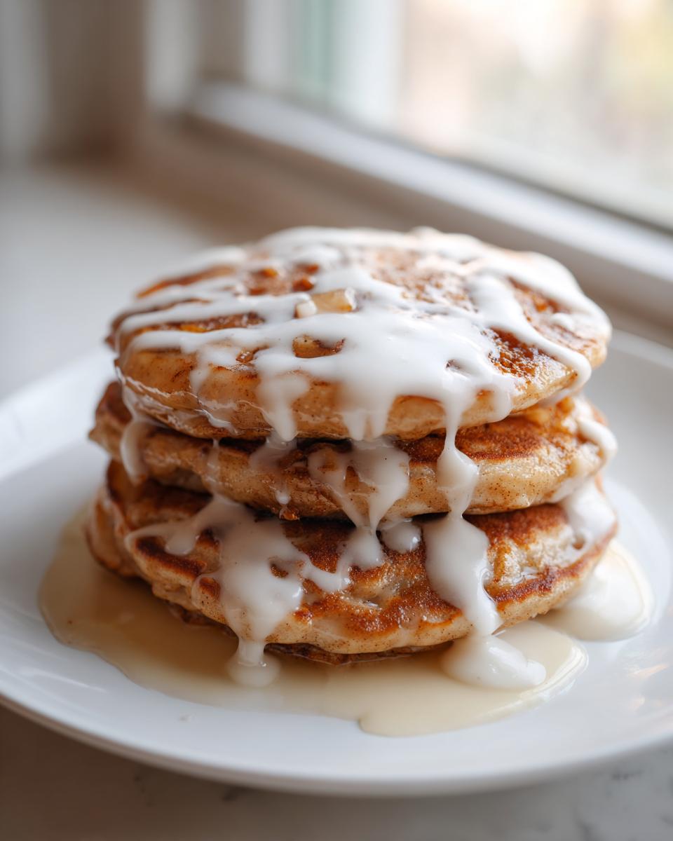Close-up of a stack of three apple fritter pancakes drizzled heavily with white glaze, sitting on a white plate.