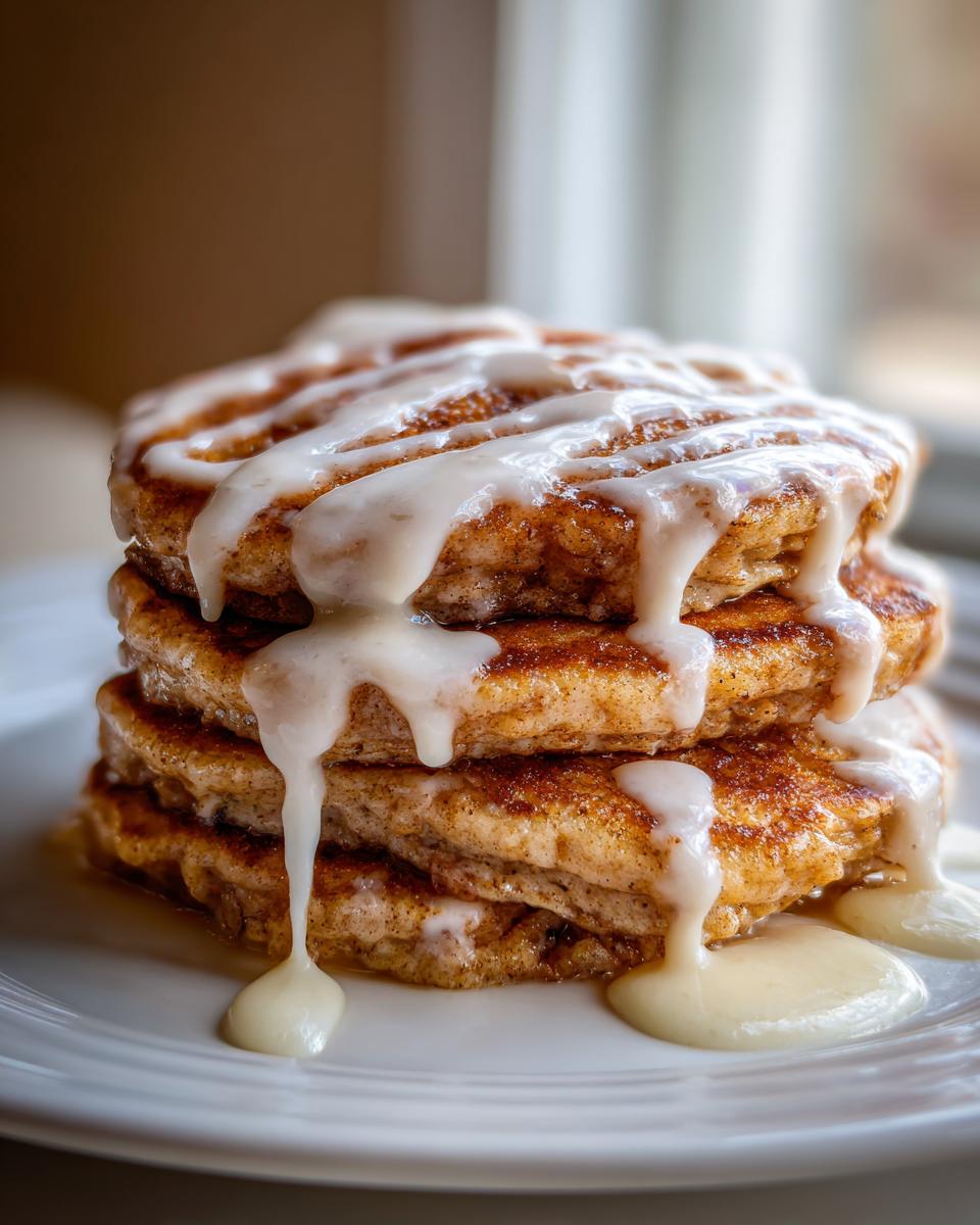 A tall stack of fluffy apple fritter pancakes drizzled generously with a thick, white vanilla glaze.