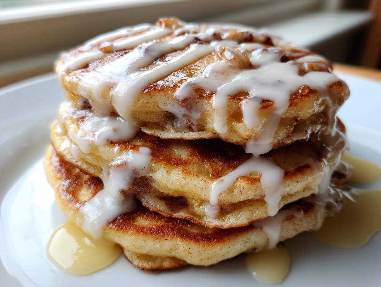 Close-up of a stack of three fluffy apple fritter pancakes drizzled heavily with white vanilla glaze.