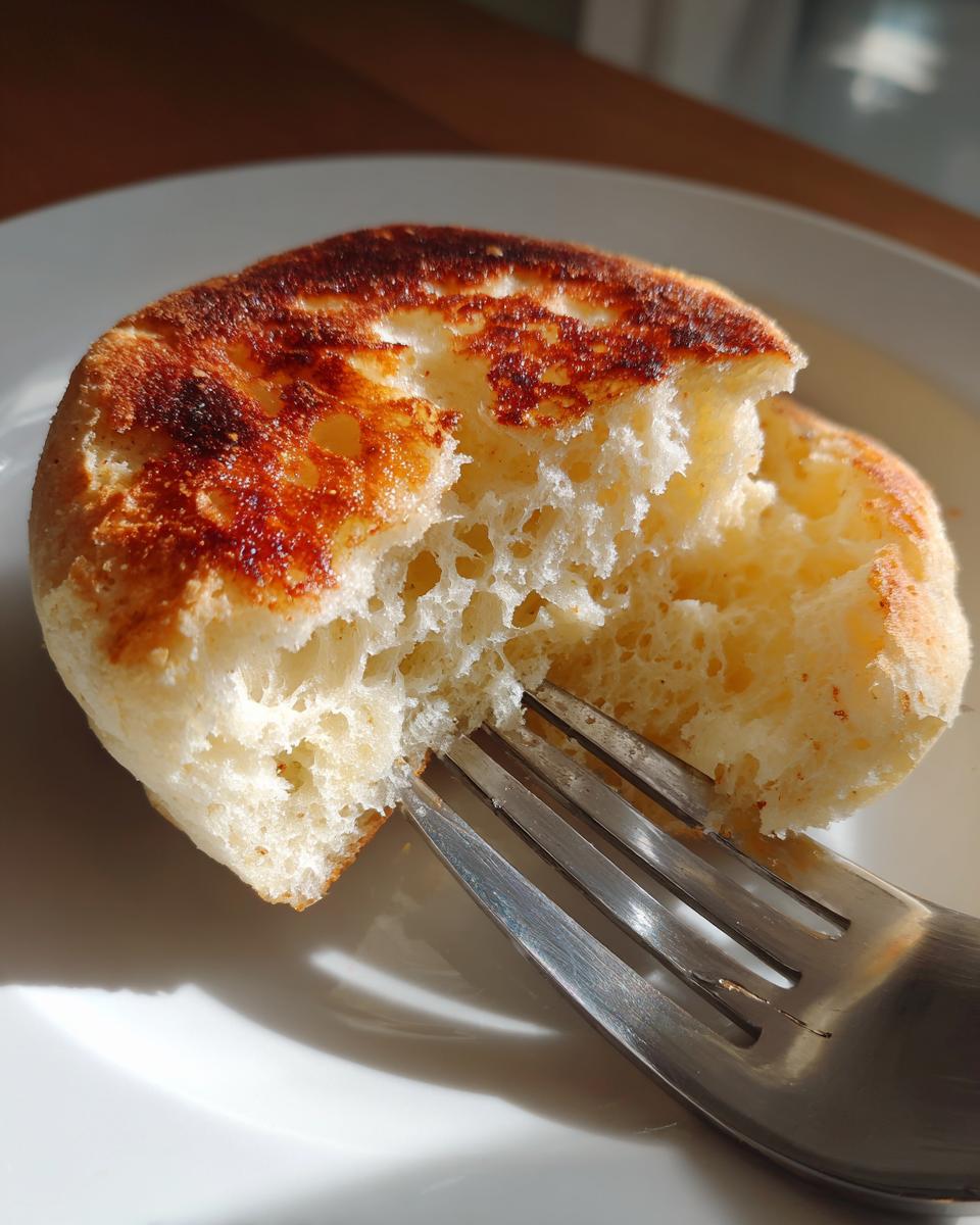 A close-up shot showing the airy, hole-filled interior of a freshly made english muffin recipe being pulled apart by a fork.