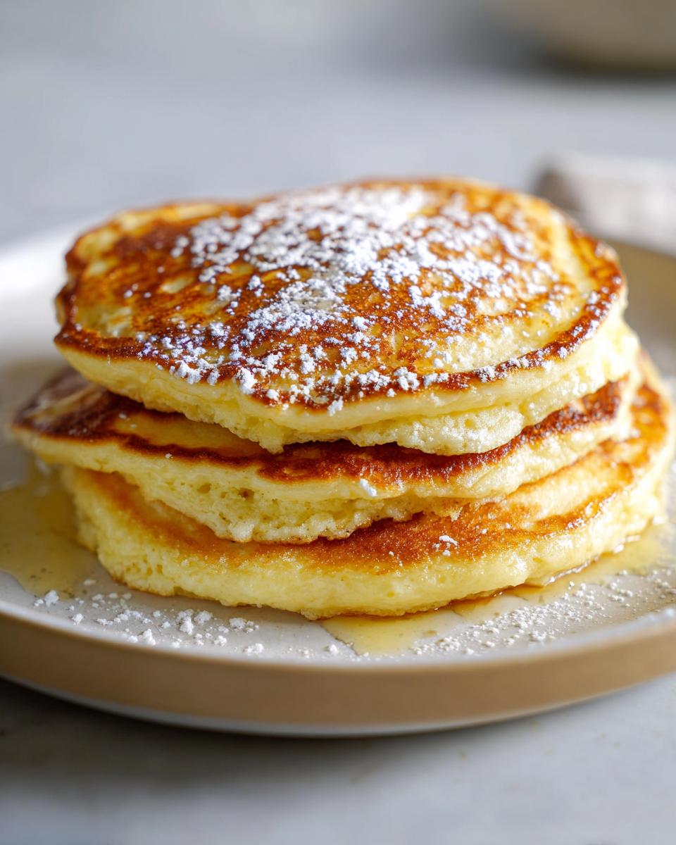 A tall stack of four fluffy pancakes from scratch, dusted with powdered sugar and drizzled with syrup.