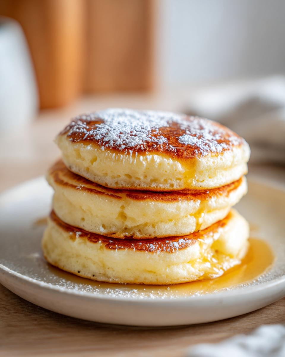 A tall stack of three fluffy pancakes from scratch, drizzled with syrup and topped with powdered sugar.